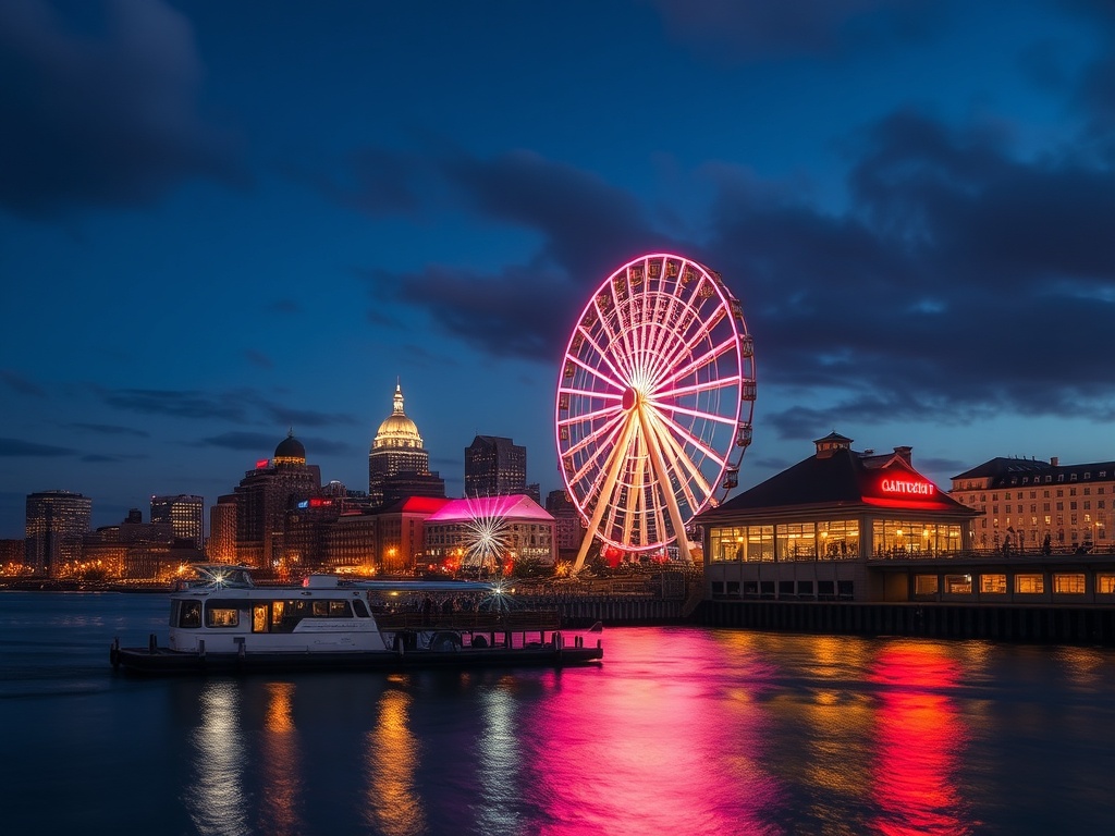 old port montreal waterfront ferris wheel evening lights st lawrence river