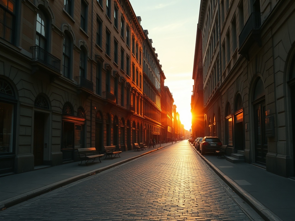 quiet cobblestone streets of old montreal at sunrise soft golden light historic stone buildings empty streets