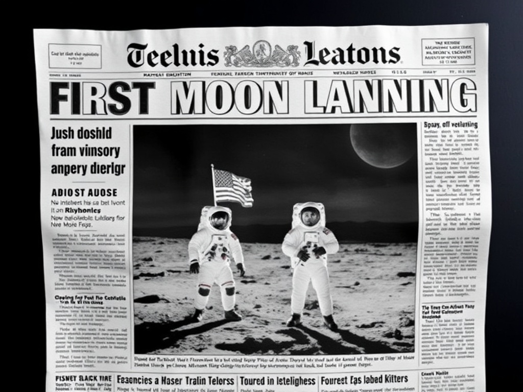 A newspaper front page announcing the first moon landing with a bold, black-and-white photo of astronauts