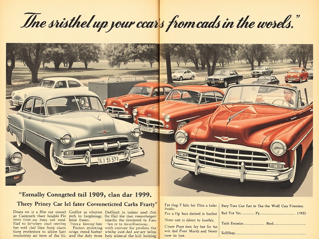 An old-fashioned newspaper ad showcasing vintage cars from the 1950s