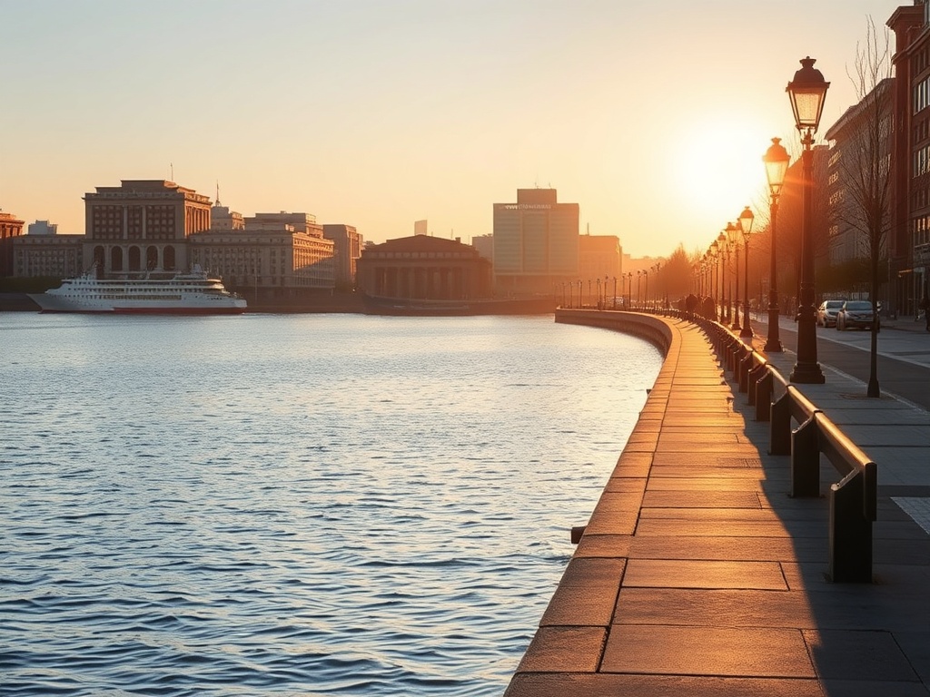 early morning Old Port Montreal riverside promenade with soft golden light, calm St Lawrence River, quiet local atmosphere