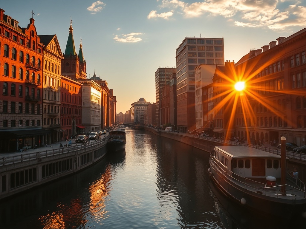 golden hour Old Port Montreal with warm sunlight on historic buildings and river reflections, cinematic