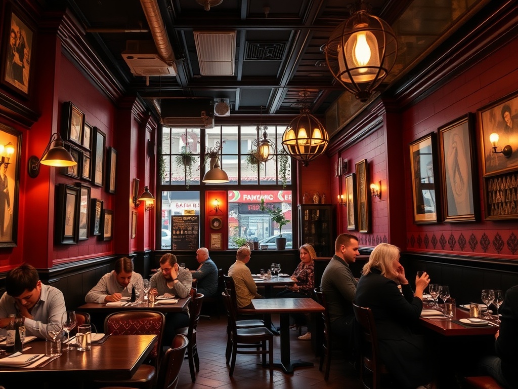 Montreal bistro interior with Quebec cuisine, warm lighting, locals dining casually