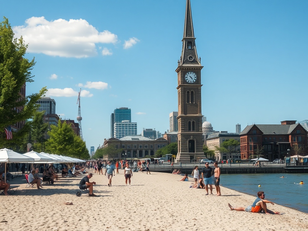 Old Port Montreal clock tower beach area with people relaxing, summer afternoon, laid-back atmosphere