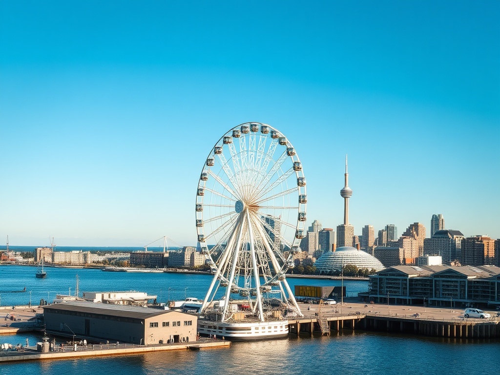 Old Port Montreal ferris wheel and skyline view with St Lawrence River, bright clear day
