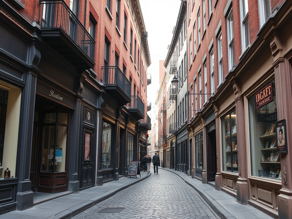 Old Port Montreal narrow cobblestone street with historic Quebec architecture, boutique storefronts, soft natural light