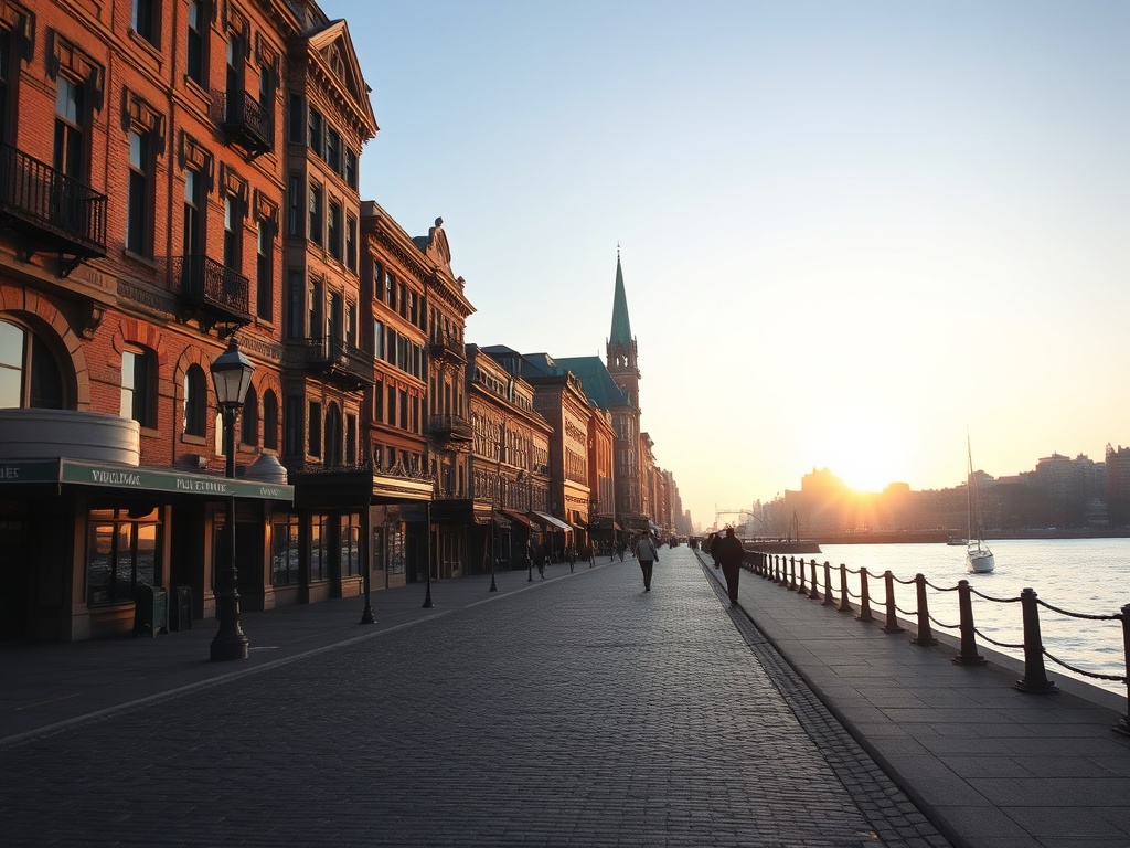 early morning Old Port Montreal cobblestone streets soft sunrise light empty promenade St Lawrence River calm reflections historic buildings