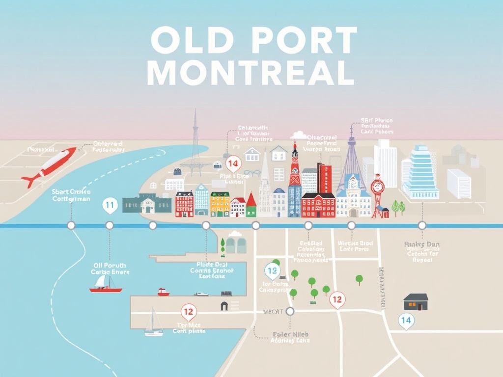 Old Port Montreal day itinerary timeline visual morning afternoon evening icons map style clean design