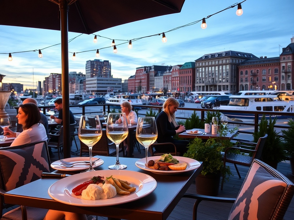 Old Port Montreal restaurant terrace summer outdoor dining Quebec cuisine plates wine glasses warm evening lights