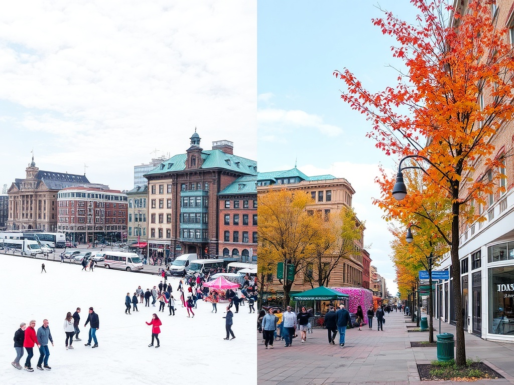 Old Port Montreal seasons collage winter snow ice skating summer festival fall colors spring quiet streets