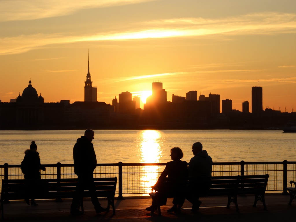 Old Port Montreal sunset golden hour St Lawrence River skyline silhouettes warm glow reflections couples walking benches
