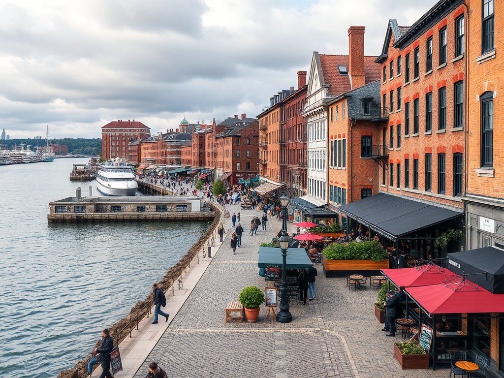 Old Port Montreal walking route map style visual waterfront path cobblestone streets historic warehouses cafes terraces people strolling