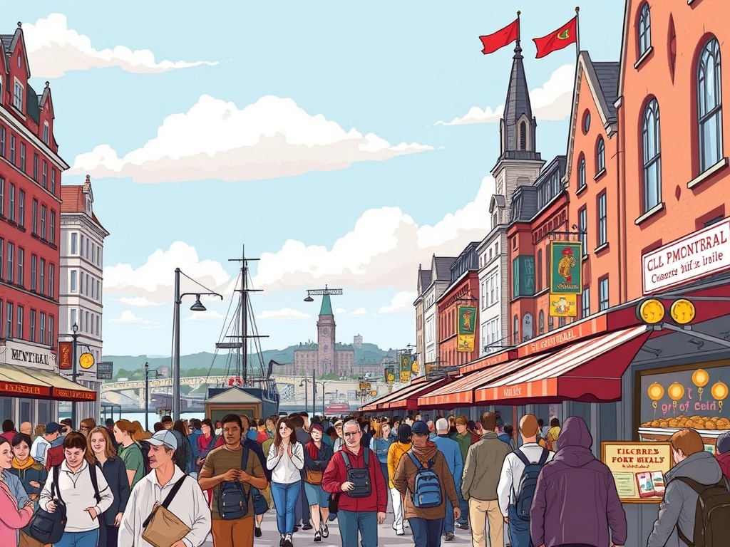 tourist mistakes Old Port Montreal crowded street long lines overpriced restaurants generic souvenirs illustration style