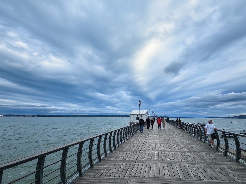 Dufferin Terrace boardwalk overlooking St Lawrence River dramatic sky wind blowing people walking wooden promenade