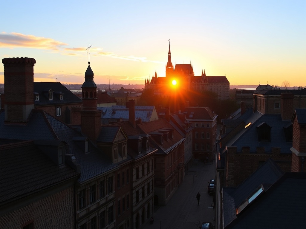 golden sunrise over Old Quebec rooftops with Chateau Frontenac glowing, quiet cobblestone streets, soft morning light