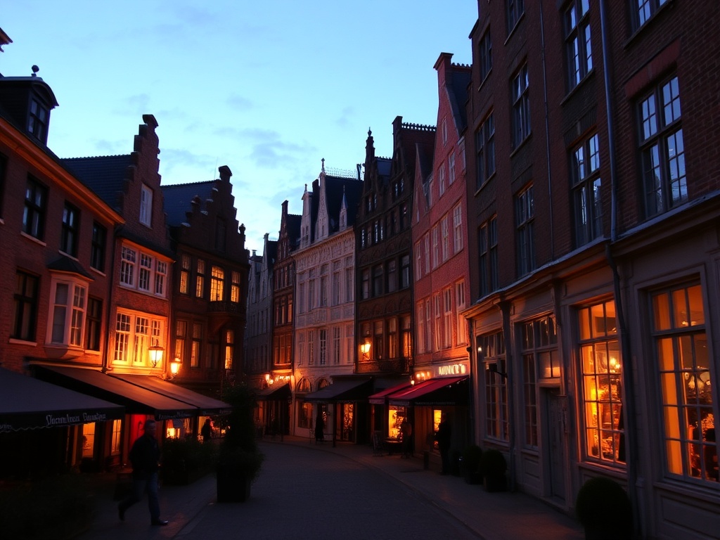 Old Quebec golden hour warm light narrow streets glowing windows romantic atmosphere evening