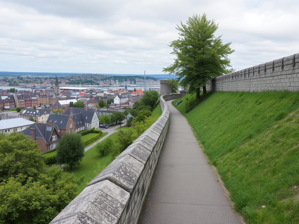 Quebec City fortification walls walkway overlooking city rooftops and greenery peaceful scenic path