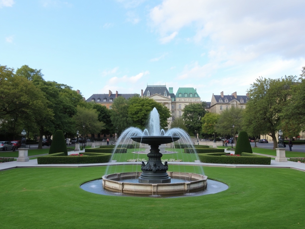 a calm green park in Old Quebec, with statues and fountains as the centerpiece