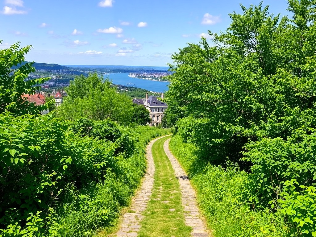 a lush green pathway with views over Old Quebec and the St. Lawrence River