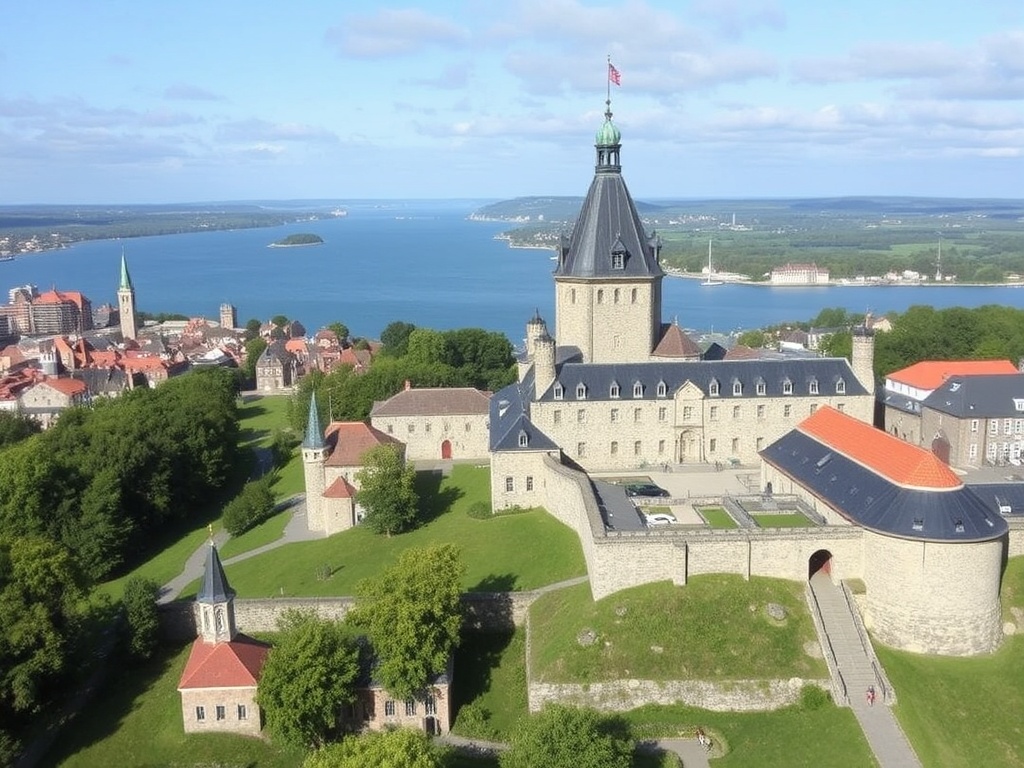 a panoramic view of the Citadel in Old Quebec with the St. Lawrence River and historic fortifications