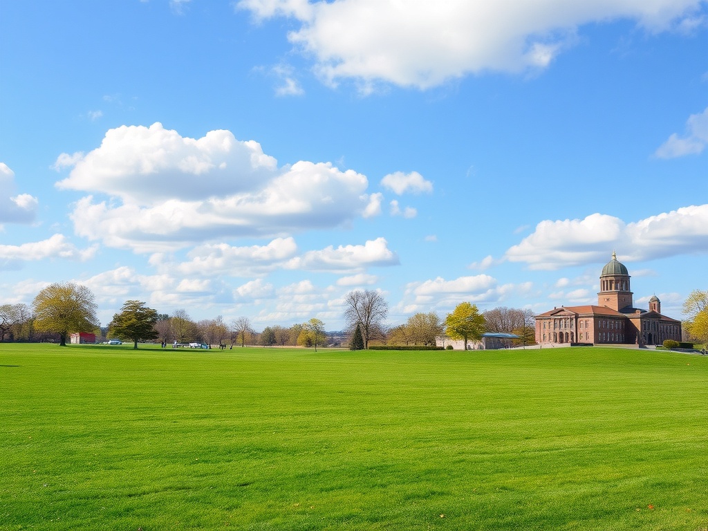 a peaceful park with open fields, surrounded by historical landmarks in the Plains of Abraham