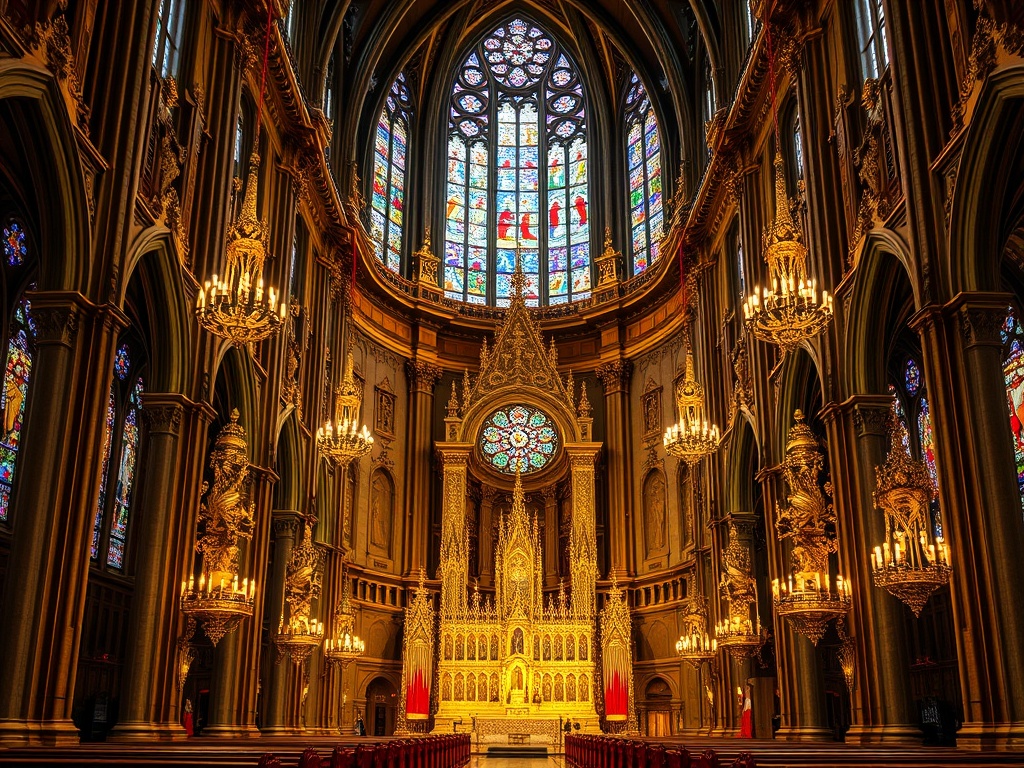the ornate interior of Notre-Dame de Québec Basilica-Cathedral with golden altars and stained glass windows