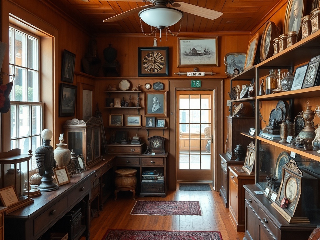A cozy historical museum filled with antiques and local artifacts. The interior is warm, with wooden shelves showcasing exhibits about Orangeville’s history and culture.