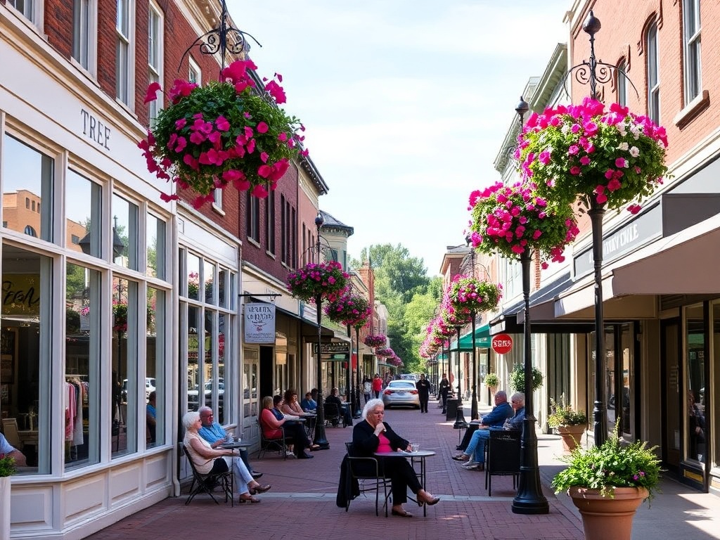 A picturesque street in downtown Orangeville filled with boutique shops, people enjoying coffee on patios, and vibrant flowers hanging from lampposts.