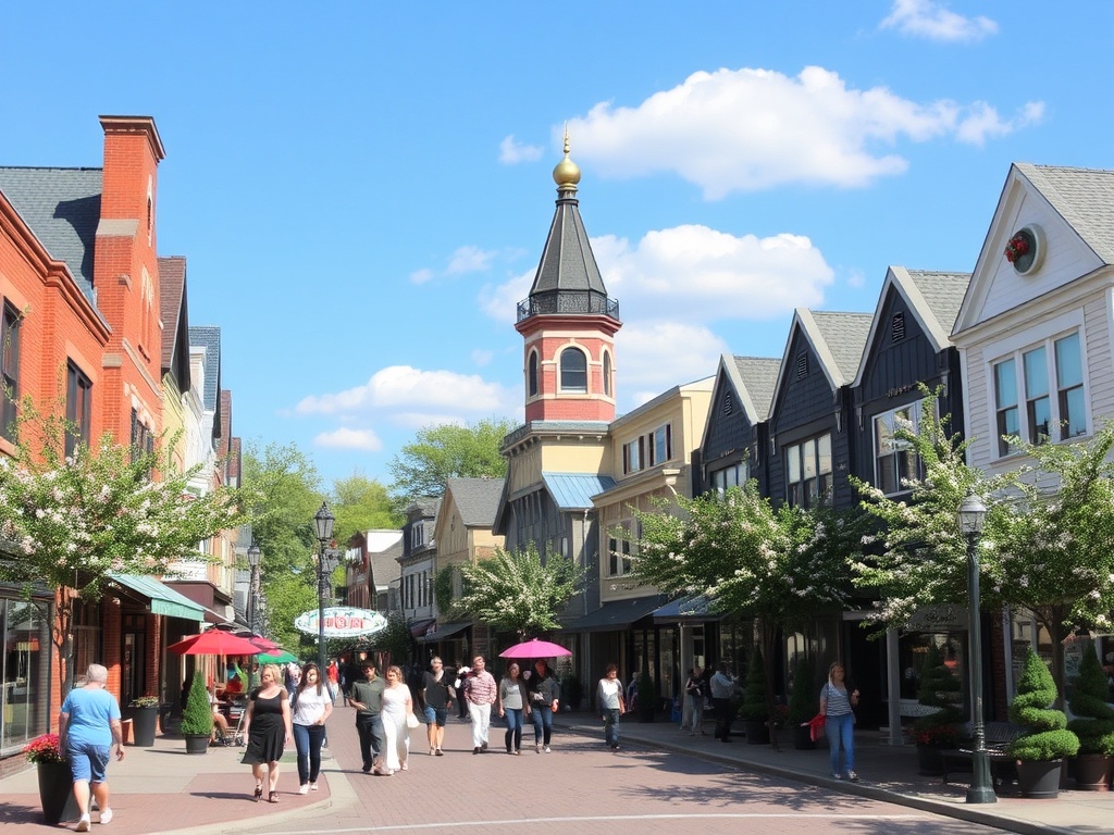 A scenic view of Orangeville's downtown with its quaint buildings and greenery in springtime. A vibrant local community with people strolling down the street and enjoying the sunny day.