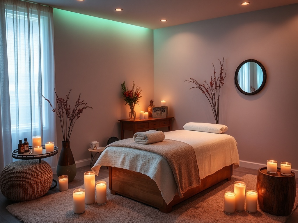 A tranquil spa setting in Orangeville with soft lighting, serene music, and a relaxing massage room surrounded by candles and essential oils.