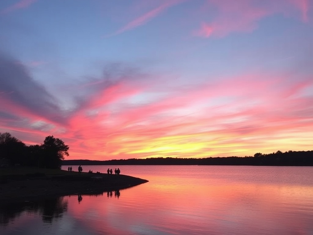 A vibrant sunset over Orangeville, with the sky painted in shades of pink and orange, reflecting over a peaceful lake. People can be seen enjoying the last light of the day along the shoreline.