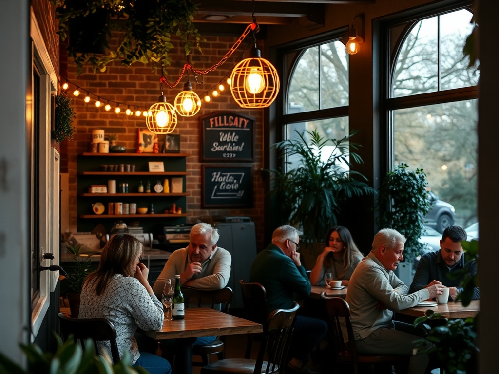 A charming hidden cafe in Orangeville with warm lights and people enjoying coffee