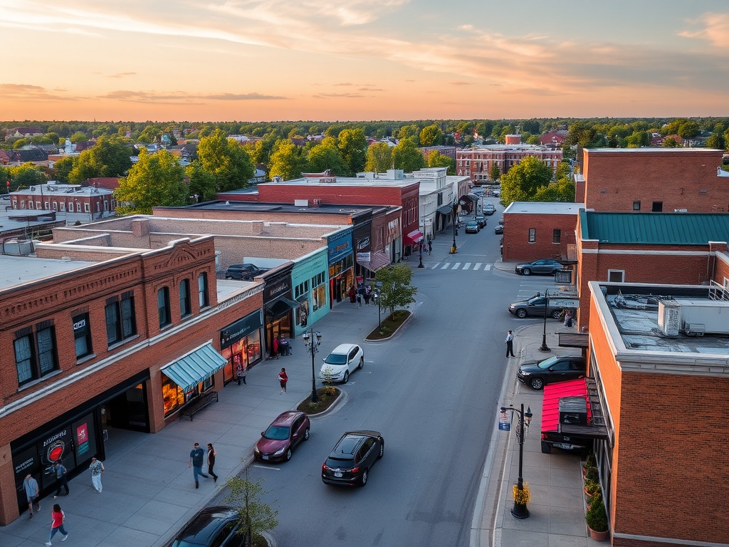 A scenic aerial view of downtown Orangeville, Ontario, with colorful local shops and streets bustling with people