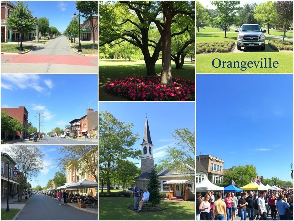 Collage of Orangeville highlights: street views, parks, cafes, and festivals