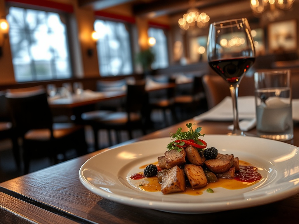 Gourmet dish beautifully plated at a local Orangeville restaurant, with cozy ambient lighting
