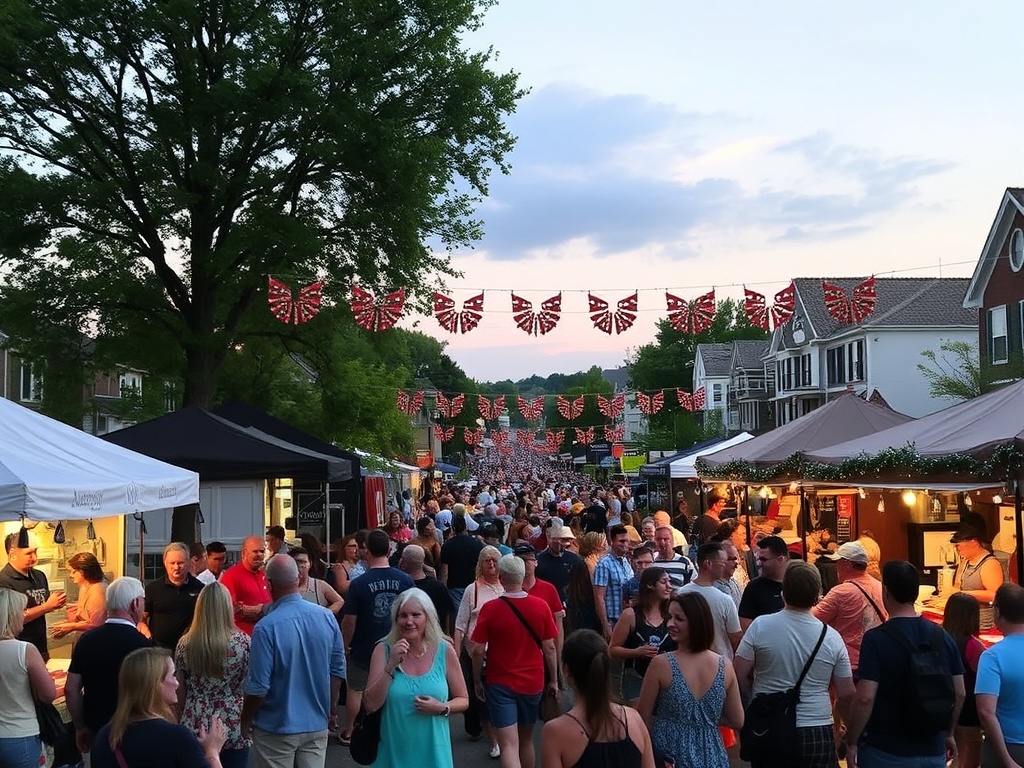 Orangeville festival scene with people enjoying live music, food stalls, and festive decorations