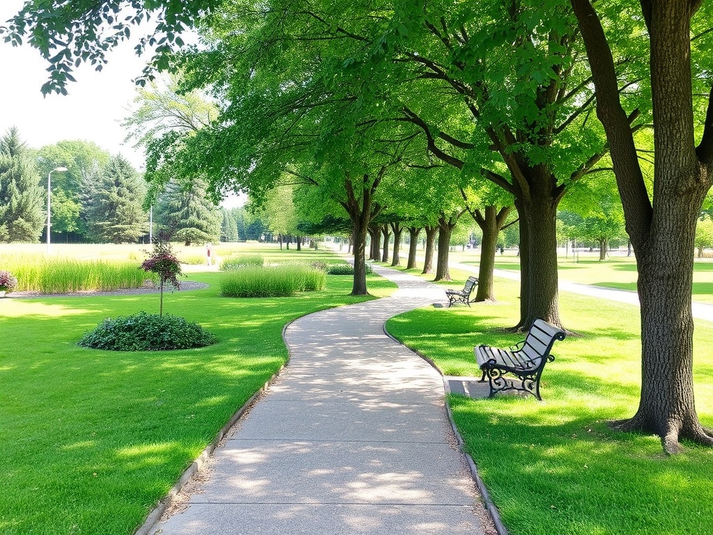 Peaceful park in Orangeville with walking trails, lush greenery, and benches