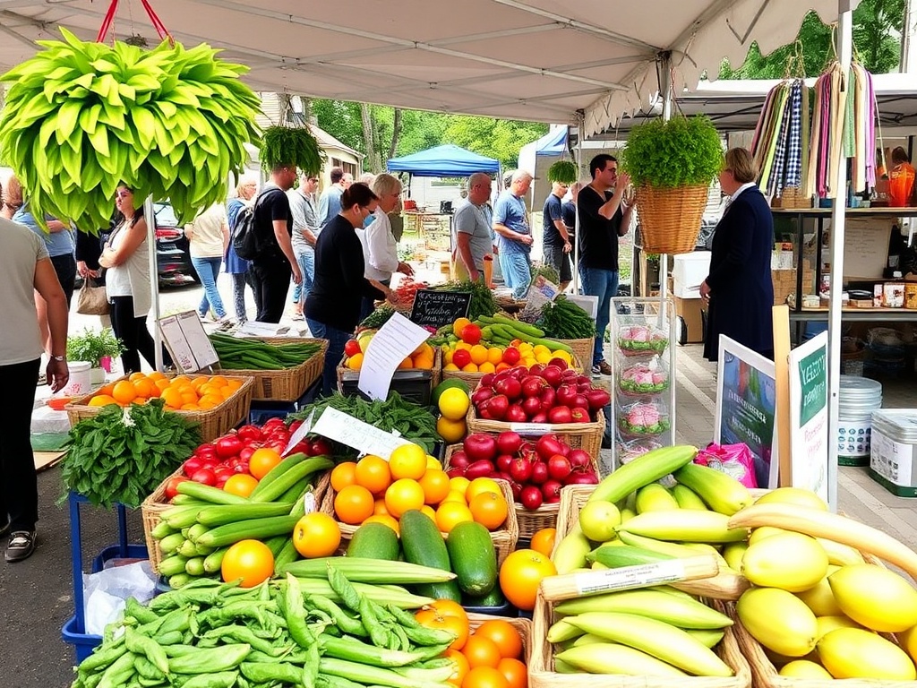 Vibrant local market in Orangeville with fresh fruits, vegetables, and handmade goods