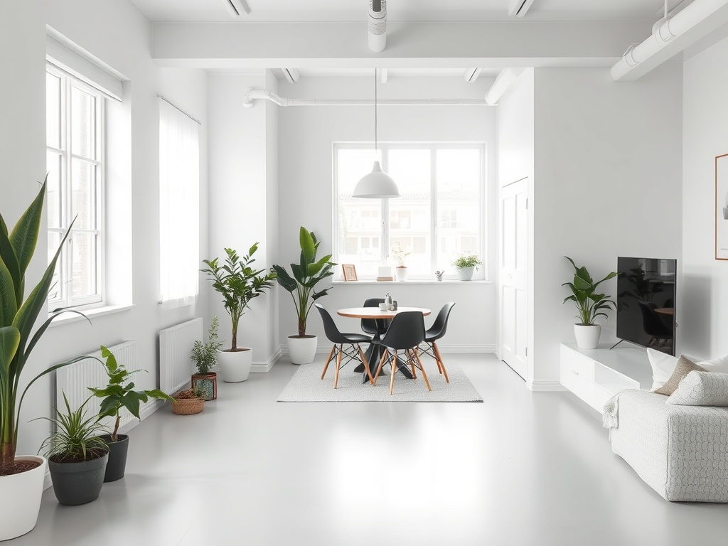 clean minimalist apartment interior with open space, tidy surfaces, plants, soft daylight