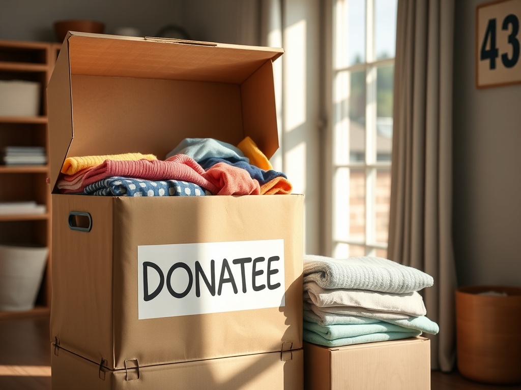 donation box with neatly folded clothes and household items, bright clean room, sunlight