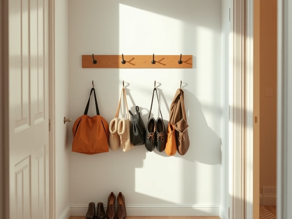 minimalist small apartment entryway with tidy hooks and shoes neatly arranged, warm natural lighting, realistic lifestyle scene