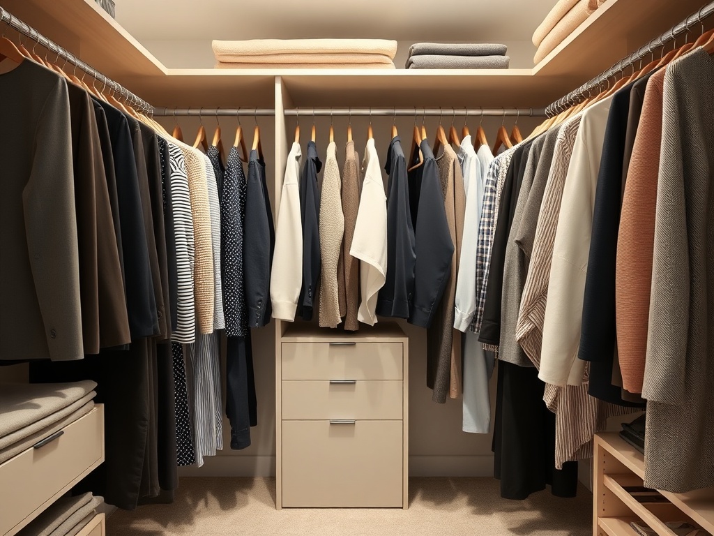 organized closet with evenly spaced clothing, neutral tones, clean aesthetic, soft lighting