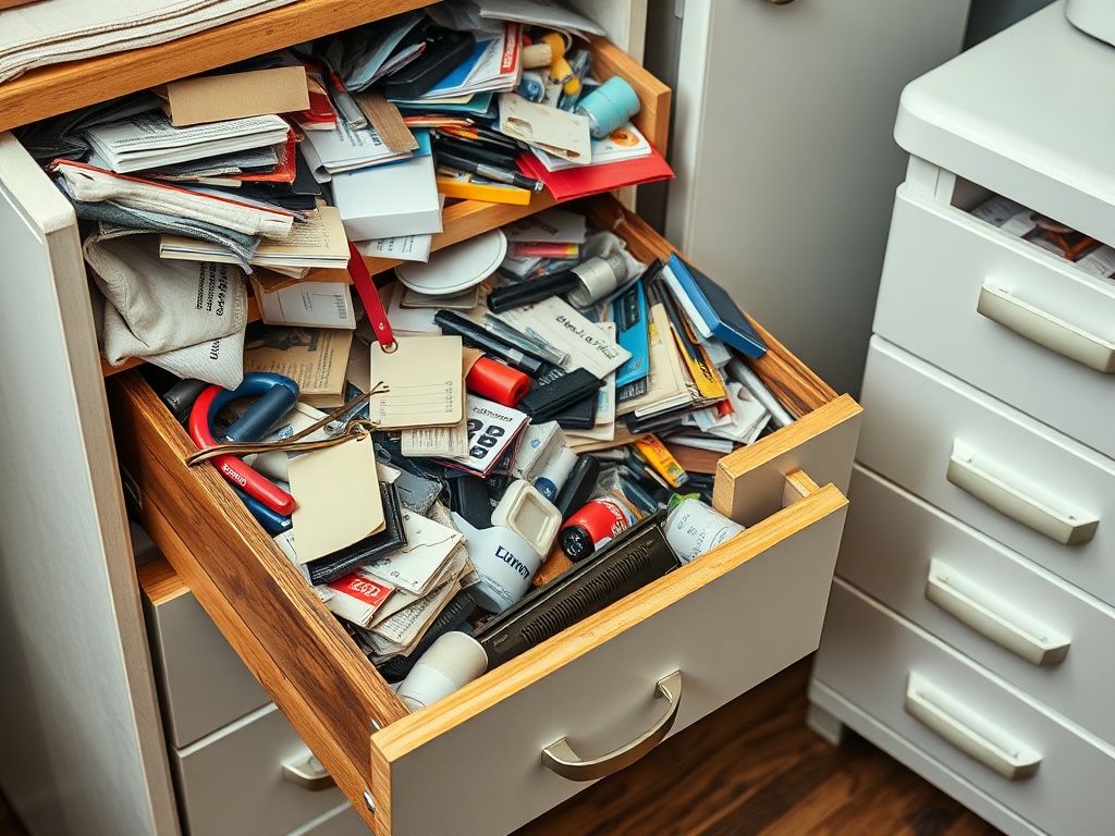 overstuffed drawer spilling items out, chaotic scene, contrasted with organized drawer beside it