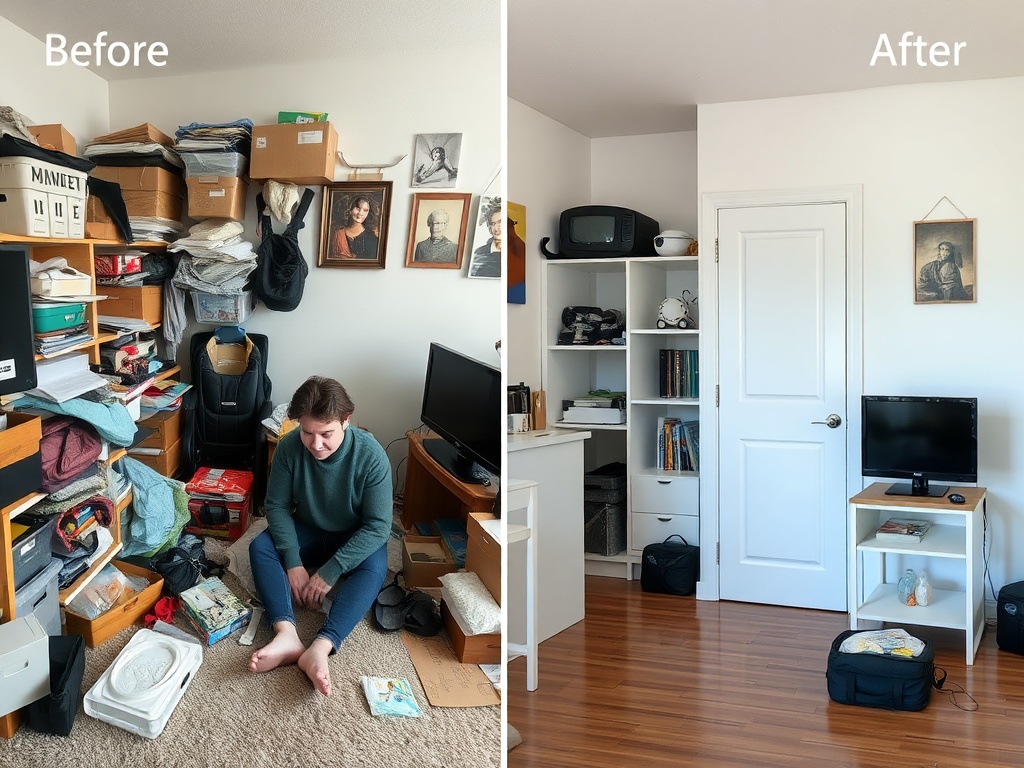 person sitting on floor surrounded by clutter before organizing, then same space clean and minimal after, split scene