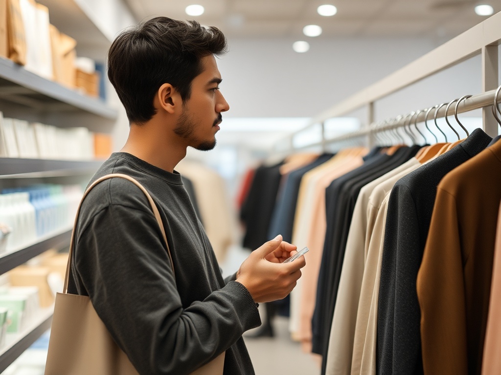 person thoughtfully choosing between two items in a store, minimalist mindset, calm scene