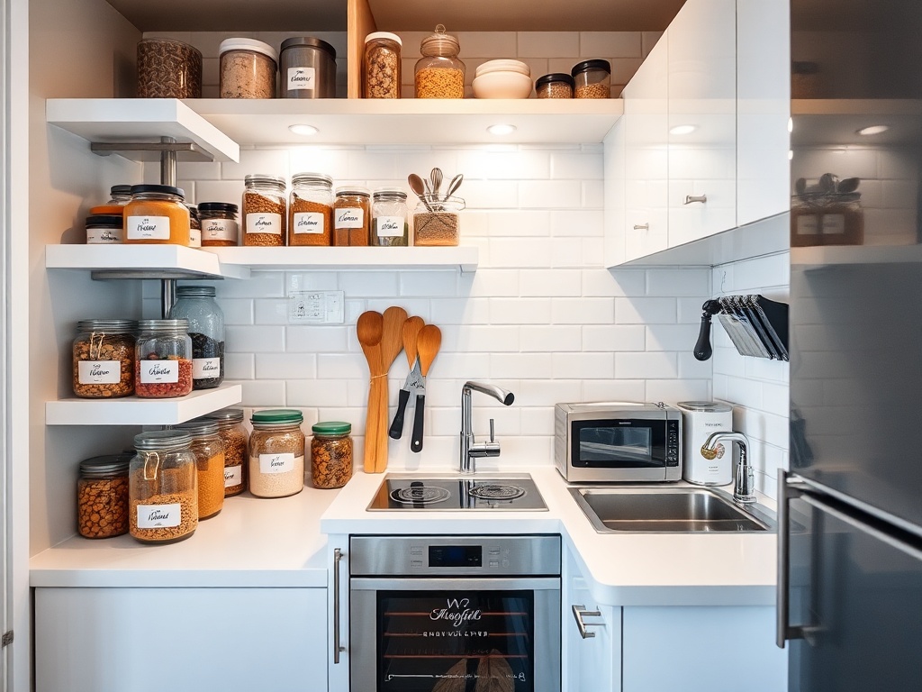 small kitchen with smart storage, clear counters, labeled jars, modern compact layout