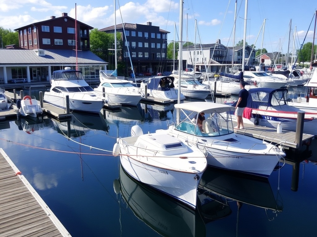 boats docked at Port of Orillia marina, calm water, summer day, people strolling docks
