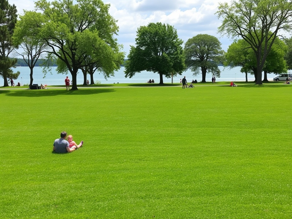 Couchiching Beach Park wide green lawns, lake views, trees, families relaxing, peaceful atmosphere