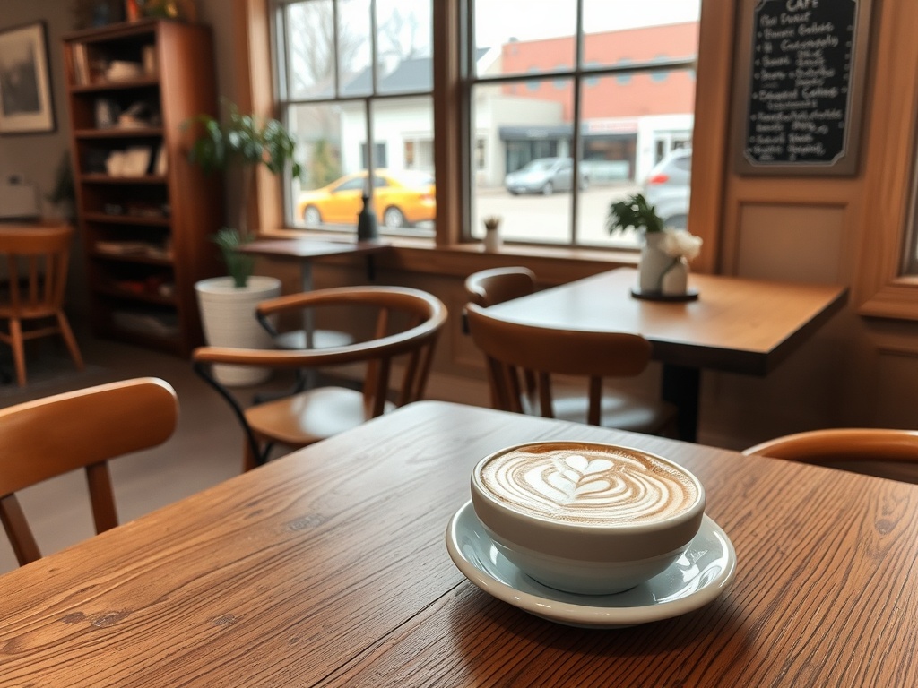 cozy downtown cafe in small Ontario town, wooden tables, latte art, natural window light, relaxed atmosphere
