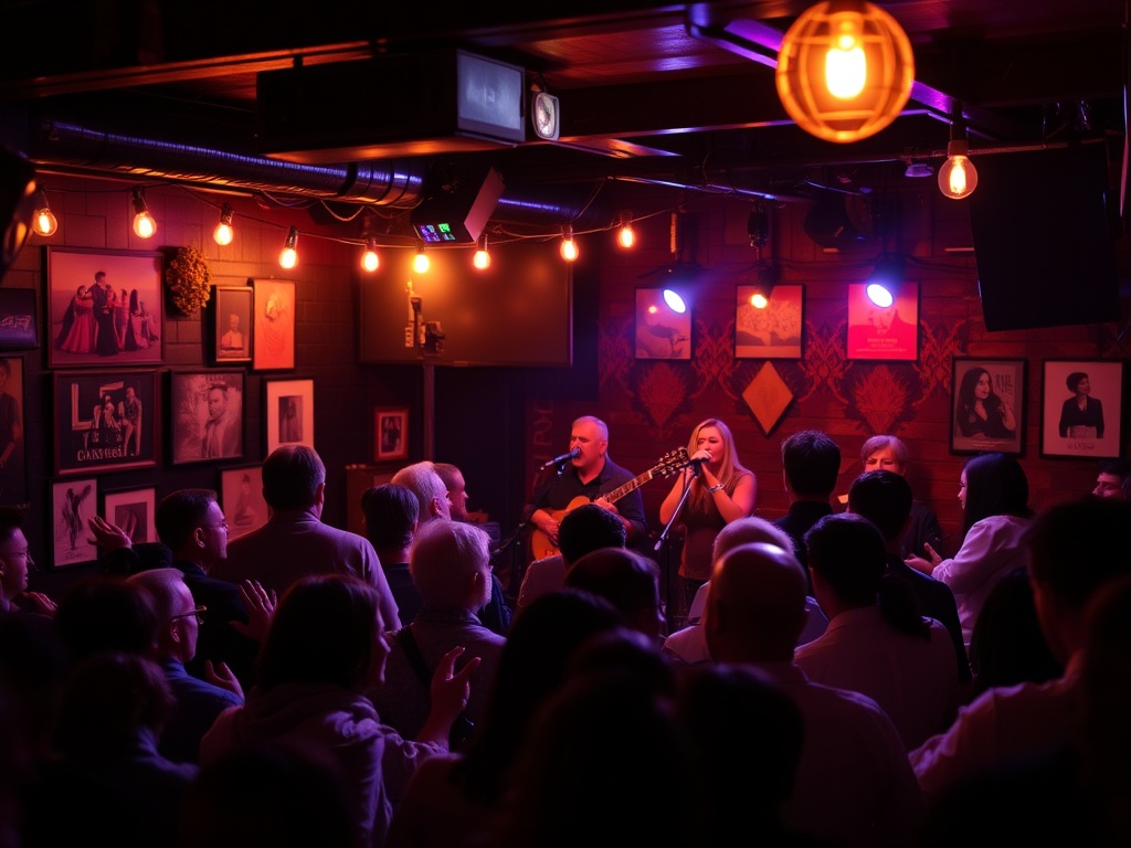 intimate live music venue, small crowd, warm lighting, local band performing, cozy atmosphere
